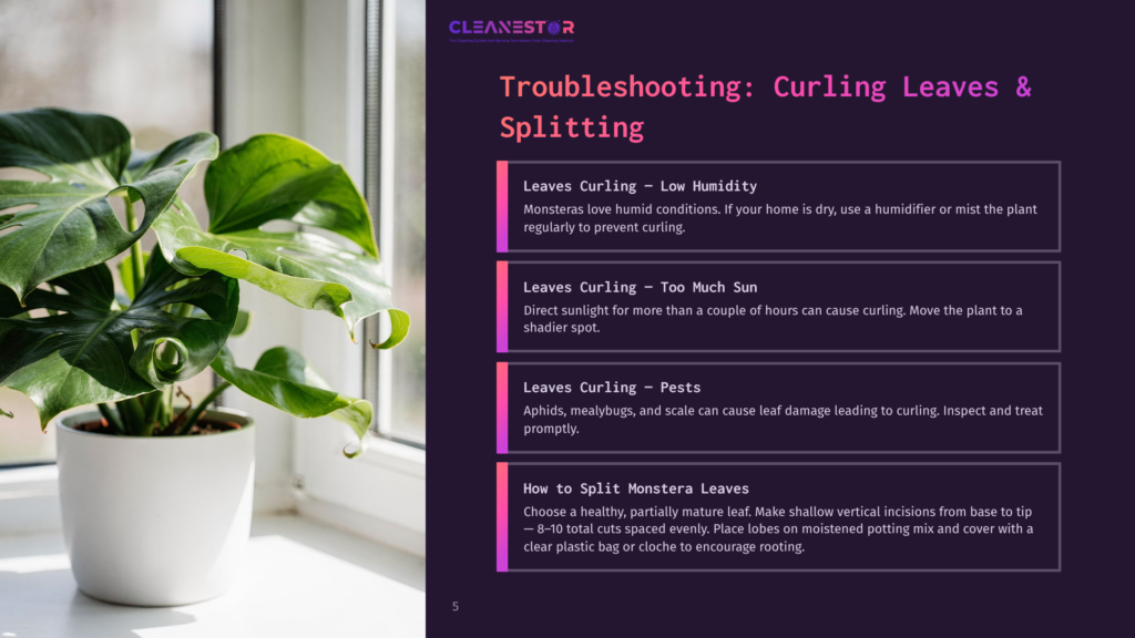 A Large, Healthy Monstera Plant With Split Leaves Sits In A White Pot On A Windowsill, With A &Quot;Cleanestor Troubleshooting: Curling Leaves &Amp; Splitting&Quot; Infographic On The Right.
