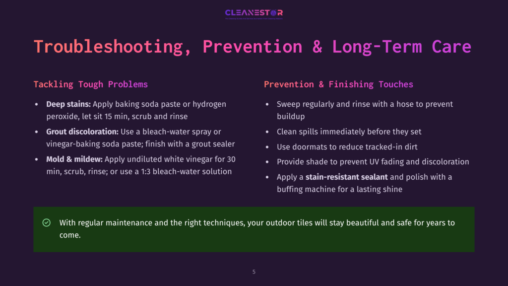 Troubleshooting, Prevention &Amp; Long-Term Care For Tile And Grout: Tips For Deep Stains, Discoloration, Mold, And Finishing Touches Like Sealants.