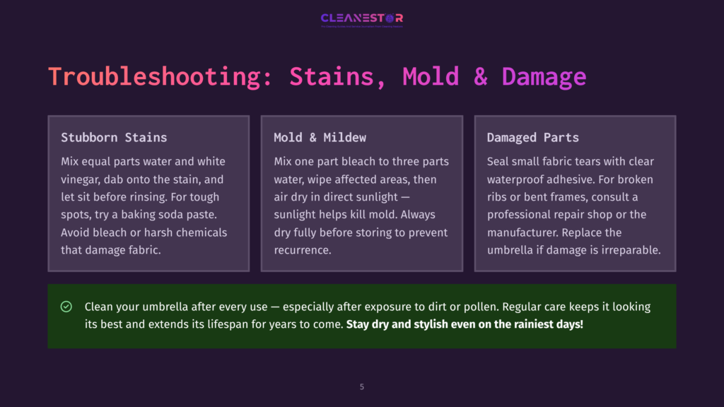 Troubleshooting Guide For Umbrella Stains, Mold, And Damage. Includes Tips For Stubborn Stains, Mold &Amp; Mildew Removal, And Damaged Parts Repair.