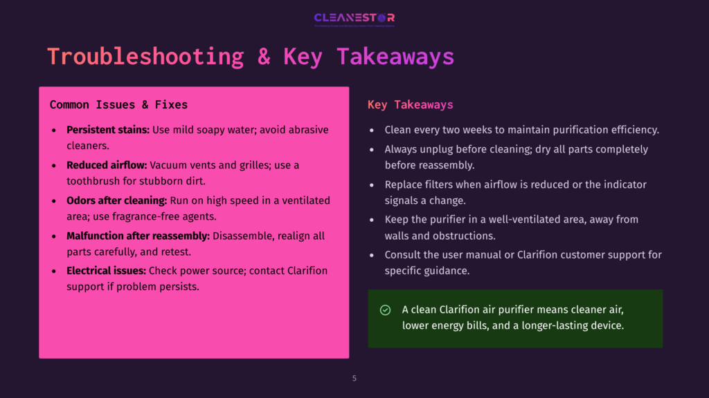 A Graphic Displaying Troubleshooting And Key Takeaways For Maintaining An Air Purifier, With Sections On Common Issues And Fixes, And Key Takeaways.
