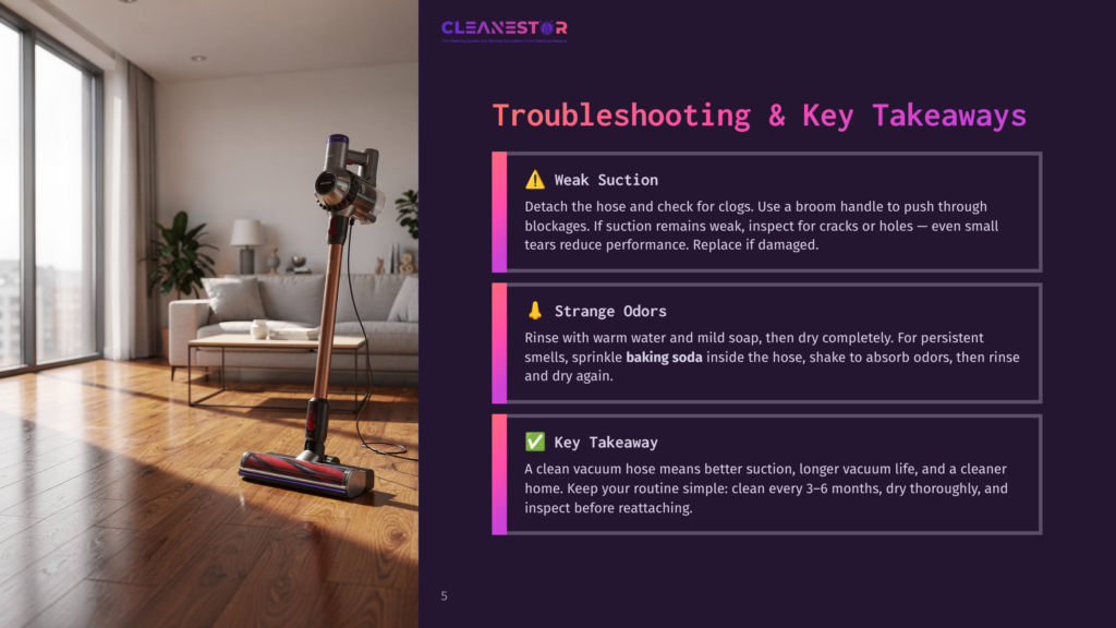 5 Troubleshooting And Key Takeaways 3 A Modern, Rose Gold And Black Cordless Vacuum Cleaner Stands Upright On A Polished Wooden Floor In A Sunlit Living Room. The Vacuum Has A Sleek Design And Is Positioned In Front Of A Large Window With Sheer Curtains, Revealing A Blurred Background Of A Sofa And Coffee Table. The Image Also Displays Troubleshooting Tips For A Vacuum Cleaner, Including &Quot;Weak Suction,&Quot; &Quot;Strange Odors,&Quot; And &Quot;Key Takeaway.