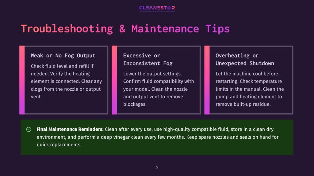 Troubleshooting And Maintenance Tips For A Fog Machine, Covering Weak Or No Fog Output, Inconsistent Fog, And Overheating. Includes Final Maintenance Reminders.