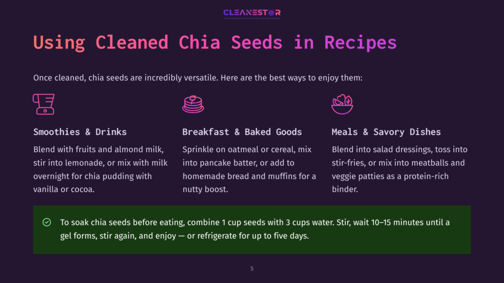 Using Cleaned Chia Seeds In Recipes: Icons And Text Explain How To Use Chia Seeds In Smoothies, Baked Goods, And Savory Dishes, With Instructions On Preparing Chia Pudding.