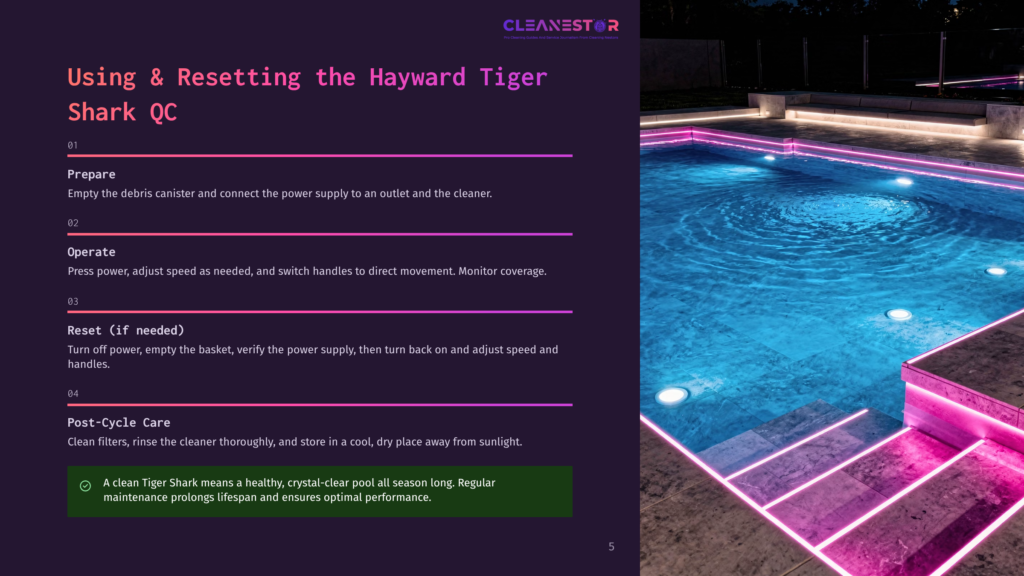 5 Using And Resetting The Hayward Tiger Shark Qc Cleanestor Hayward Tiger Shark Pool Cleaner Instructions: Prepare, Operate, Reset, Post-Cycle Care. A Modern, Illuminated Swimming Pool At Night.