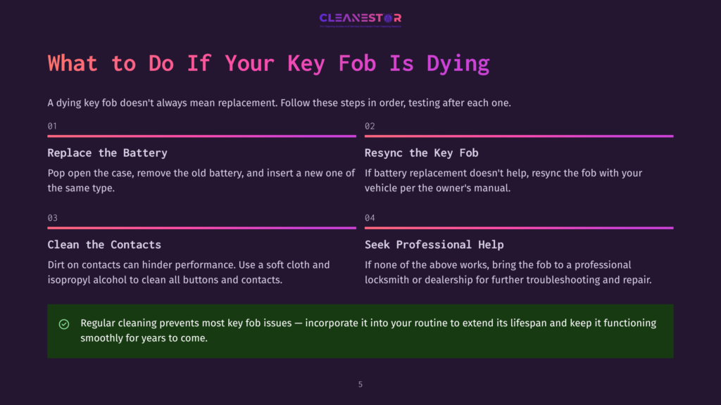 An Infographic Titled &Quot;What To Do If Your Key Fob Is Dying&Quot; Provides A Step-By-Step Guide With A List Of Troubleshooting Methods, Including Replacing The Battery, Resyncing The Key Fob, Cleaning The Contacts, And Seeking Professional Help.