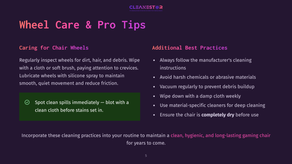 Cleanestor Logo At The Top, With &Quot;Wheel Care &Amp; Pro Tips&Quot; Title. Below, Sections On &Quot;Caring For Chair Wheels&Quot; And &Quot;Additional Best Practices&Quot; With Bulleted Cleaning Advice.