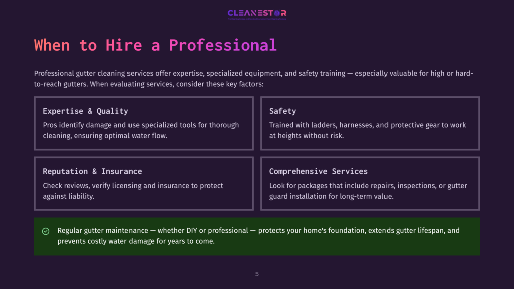 Cleanestor Logo Above Text Detailing Factors For Hiring Professional Gutter Cleaning Services: Expertise &Amp; Quality, Safety, Reputation &Amp; Insurance, And Comprehensive Services, With A Bullet Point About Regular Gutter Maintenance.