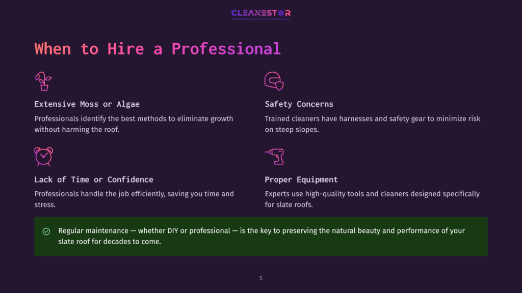 5 When To Hire A Professional A Webpage Titled &Quot;When To Hire A Professional&Quot; Features Four Points: &Quot;Extensive Moss Or Algae,&Quot; &Quot;Safety Concerns,&Quot; &Quot;Lack Of Time Or Confidence,&Quot; And &Quot;Proper Equipment.&Quot; Each Point Is Illustrated With An Icon, And The Text Below Explains The Benefits Of Hiring A Professional Cleaner For Slate Roofs.