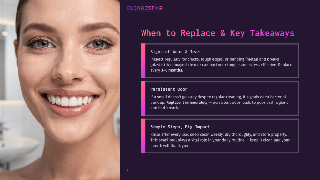 Close-Up Of A Smiling Woman With Perfect White Teeth, Her Face Filling The Left Side Of The Frame. Text On The Right Reads &Quot;When To Replace &Amp; Key Takeaways&Quot; With Bullet Points About Tongue Cleaner Wear And Tear, Persistent Odor, And Simple Steps For Cleaning.