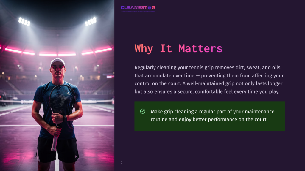 Tennis Player In A Blue Shirt And Black Shorts Holding A Tennis Racket On A Court, With Bright Stadium Lights Illuminating The Scene. Text Overlay: &Quot;Cleanestor&Quot; And &Quot;Why It Matters&Quot;.