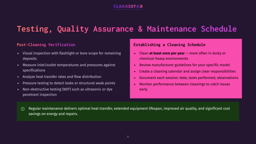 Slide Titled &Quot;Testing, Quality Assurance &Amp; Maintenance Schedule&Quot; With Sections &Quot;Post-Cleaning Verification&Quot; And &Quot;Establishing A Cleaning Schedule,&Quot; Detailing Inspection Methods And Cleaning Protocols.