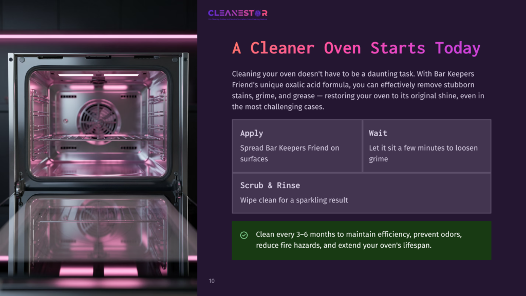 An Open, Clean Oven Interior With Stainless Steel Racks And A Glowing Pink Light. Text Overlay Reads &Quot;Cleanestor&Quot; And &Quot;A Cleaner Oven Starts Today.