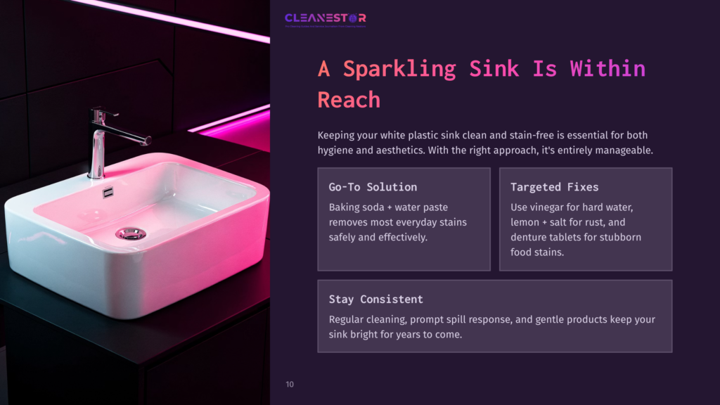 A Sparkling White Sink With A Chrome Faucet Is Displayed Against A Dark, Moody Background, With Pink Neon Light Reflecting On The Sink'S Surface. Text On The Right Reads &Quot;A Sparkling Sink Is Within Reach&Quot; And Offers Cleaning Tips.