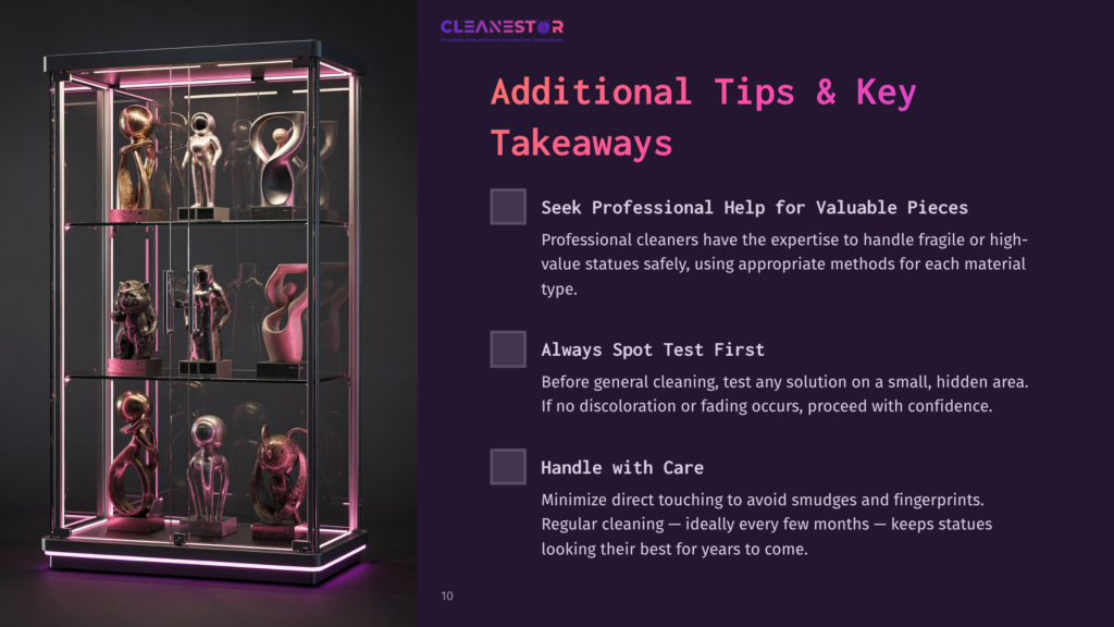A Glass Display Case Filled With Ornate Golden Statues, Illuminated By Purple Lighting. Text Overlay Reads &Quot;Cleanestor&Quot; And &Quot;Additional Tips &Amp; Key Takeaways&Quot; With Bullet Points About Cleaning.