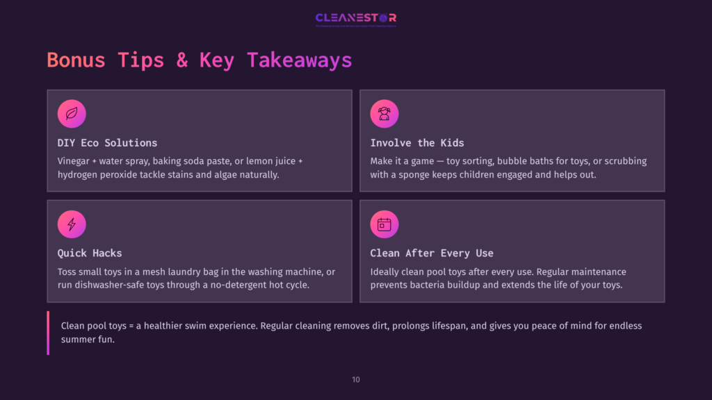 Infographic With Text &Quot;Bonus Tips &Amp; Key Takeaways&Quot; And Four Boxes Detailing Diy Eco Solutions For Toys, Involving Kids In Cleaning, Quick Hacks For Toy Cleaning, And Cleaning Pool Toys After Every Use.