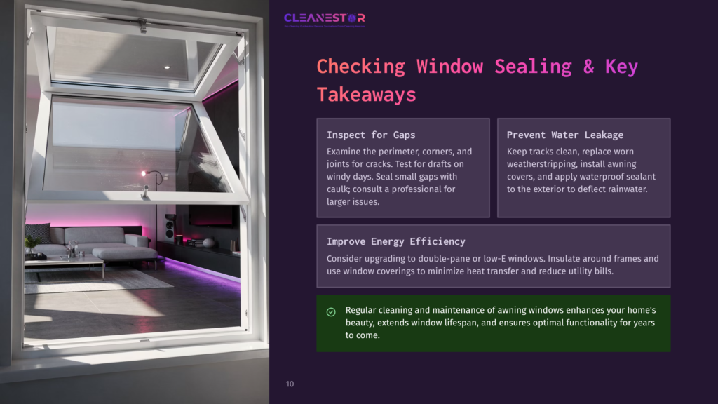 Cleanestor Logo And Text: &Quot;Checking Window Sealing &Amp; Key Takeaways&Quot; With Tips On Inspecting For Gaps, Preventing Water Leakage, And Improving Energy Efficiency.
