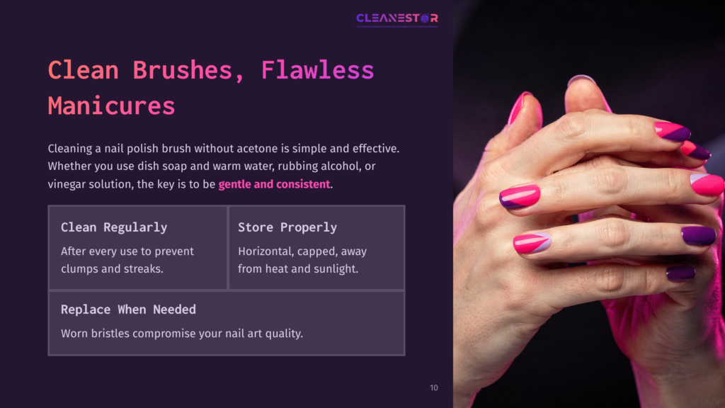 Close-Up Of Hands With Vibrant Purple And Pink Ombre Nail Polish, Showcasing A Clean Manicure. Text Overlay Promotes &Quot;Clean Brushes, Flawless Manicures.
