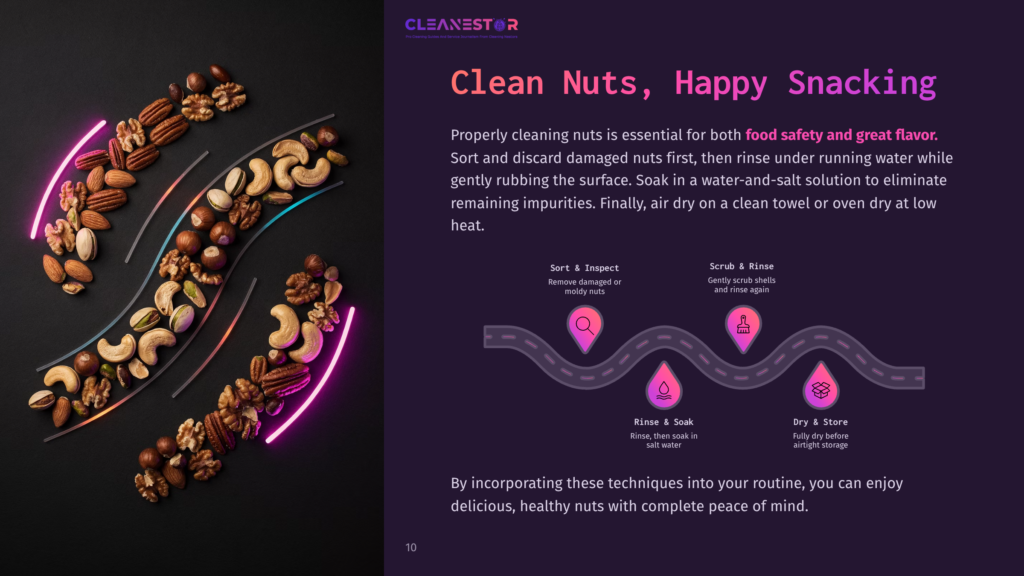 A Vibrant, Overhead View Of An Assortment Of Nuts, Including Walnuts, Cashews, And Almonds, Arranged In A Curved Pattern With Neon Pink And Orange Light Trails. Text Overlay Reads: &Quot;Cleanestor,&Quot; &Quot;Clean Nuts, Happy Snacking,&Quot; And &Quot;Properly Cleaning Nuts Is Essential For Both Food Safety And Great Flavor.