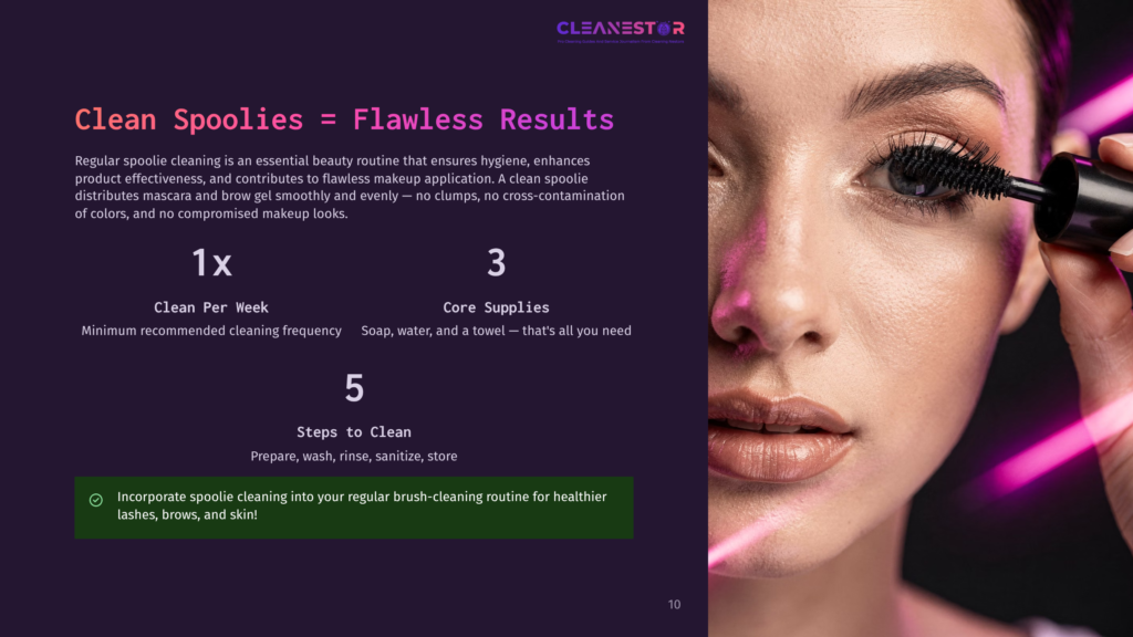 Close-Up Of A Woman Applying Black Mascara With A Brush, With Text Overlay &Quot;Cleanestor&Quot; And &Quot;Clean Spoolies = Flawless Results&Quot; Promoting Beauty Routine.