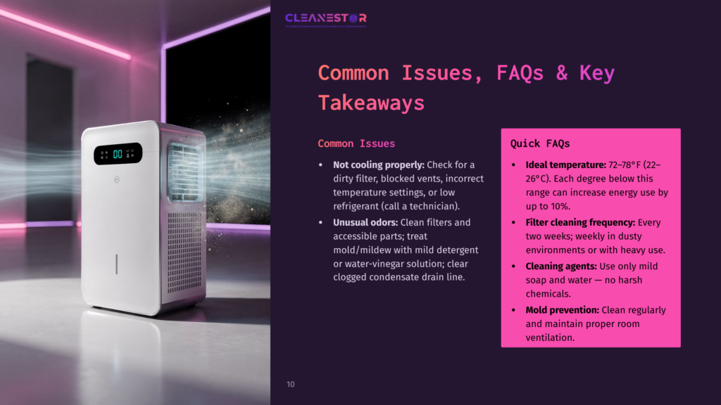 A White Cleanestor Dehumidifier Sits In A Modern Room, Emitting A Gentle Breeze. Text Overlays Include &Quot;Common Issues, Faqs &Amp; Key Takeaways&Quot; And &Quot;Quick Faqs&Quot; With Bullet Points.