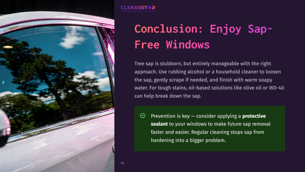 Close-Up Of A Car Window Covered In Water Droplets, Reflecting Trees And Sky. Text Overlay Reads &Quot;Cleanestor&Quot; And &Quot;Conclusion: Enjoy Sap-Free Windows&Quot;.