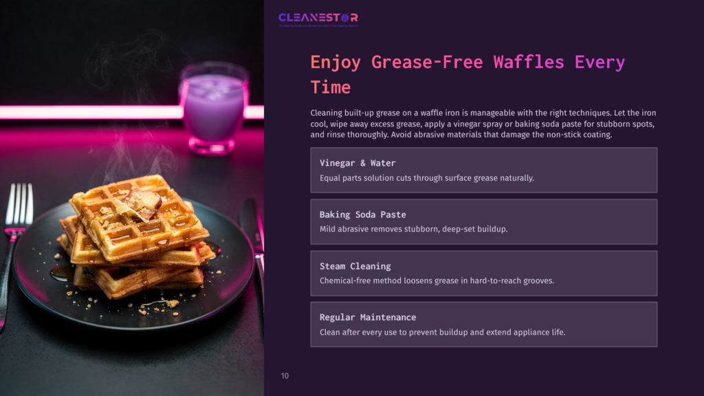 A Stack Of Golden Waffles Topped With Syrup And Nuts Sits On A Black Plate Next To A Fork And Knife, With A Purple Drink In A Glass In The Background. Text Overlay Reads &Quot;Cleanestor Enjoy Grease-Free Waffles Every Time&Quot;.