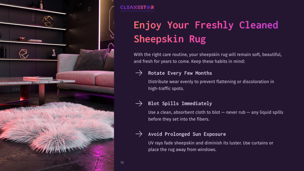 A Luxurious, Modern Living Room With A Plush, White Sheepskin Rug In The Foreground. The Room Features A Sleek Grey Sofa, A Marble Coffee Table, And Ambient Lighting, With Text Overlay: &Quot;Enjoy Your Freshly Cleaned Sheepskin Rug.