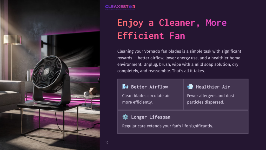A Black Vornado Fan Sits On A Modern Marble-Top Coffee Table In A Dimly Lit Living Room, With Purple Ambient Lighting In The Background. Text Overlay Reads &Quot;Cleanestor Enjoy A Cleaner, More Efficient Fan&Quot;.