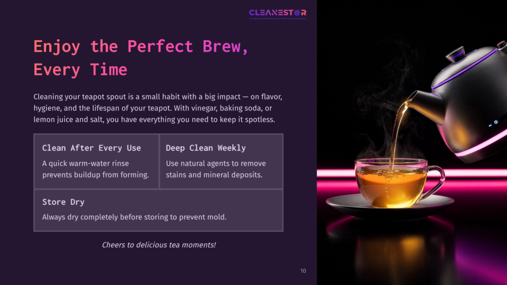 10 Enjoy The Perfect Brew Every Time A Sleek, Modern Electric Kettle Pours Steaming Hot Tea Into A Clear Glass Mug, With The Text &Quot;Cleanestor&Quot; And &Quot;Enjoy The Perfect Brew, Every Time&Quot; Visible.