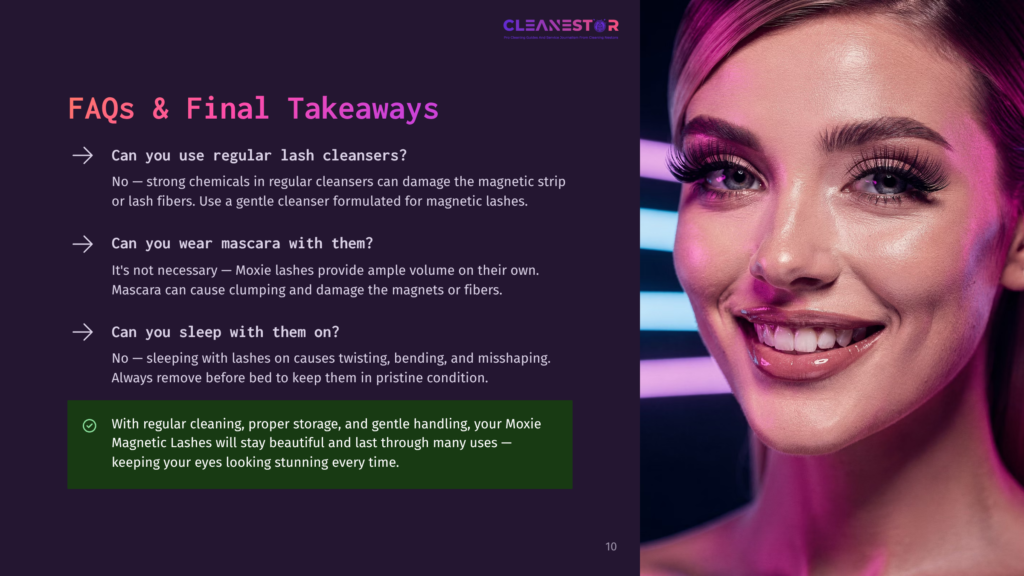 Close-Up Of A Woman With Dramatic Magnetic Lashes, Wearing Bold Makeup And A Pink Top, Smiling. Text On The Left Discusses Magnetic Lash Care Faqs And Final Takeaways.
