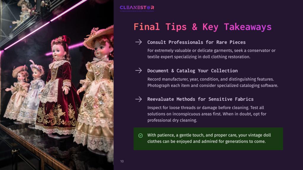 Five Antique Porcelain Dolls With Elaborate Victorian-Era Clothing Stand In A Dimly Lit Display Case. Text Overlay Reads: &Quot;Cleanestor&Quot; And &Quot;Final Tips &Amp; Key Takeaways&Quot;.