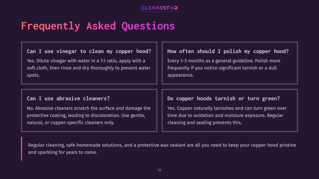 Cleanestor Faq Section With Text About Cleaning Copper Hoods. Includes Information On Using Vinegar, Abrasive Cleaners, Polishing Frequency, And Tarnishing.