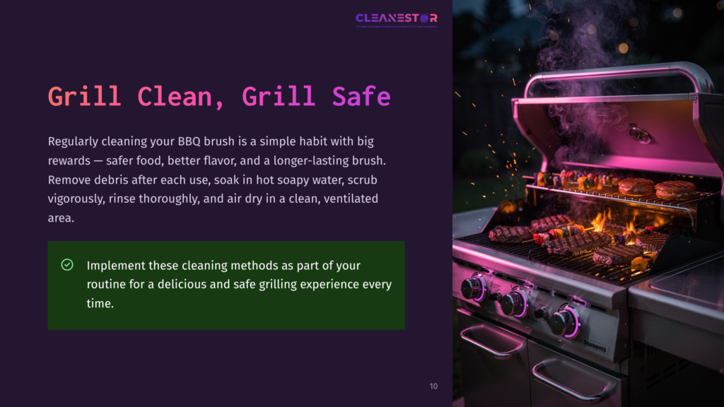 10 Grill Clean Grill Safe A Gleaming Stainless Steel Grill Is In Full Operation, With Steaks And Kebabs Sizzling Over Vibrant Flames. Pink And Purple Lights Illuminate The Grill And Smoke, Suggesting A Nighttime Grilling Experience. The Text &Quot;Grill Clean, Grill Safe&Quot; Is Prominently Displayed.