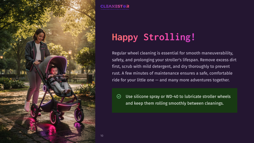 Woman Pushing A Modern Stroller With Glowing Pink Wheels On A Wet Paved Path, Baby Inside, With Trees And Sunlight In The Background. Text: Cleanestor Happy Strolling!