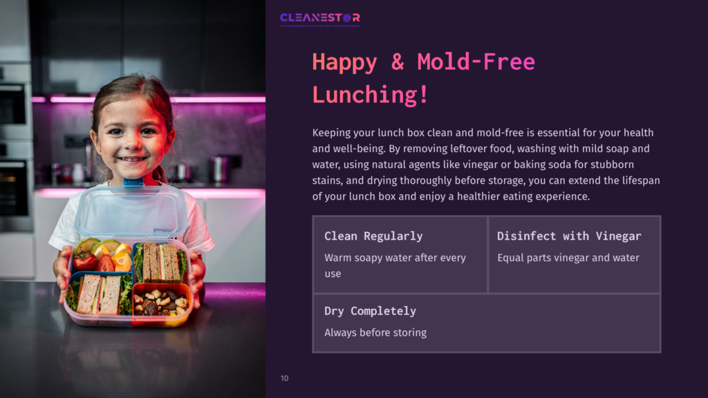 A Smiling Young Girl Holds Open A Colorful Lunchbox Filled With Healthy Foods Like Sandwiches, Fruit, And Nuts. The Text &Quot;Happy &Amp; Mold-Free Lunching!&Quot; Is Overlaid On A Dark Background.