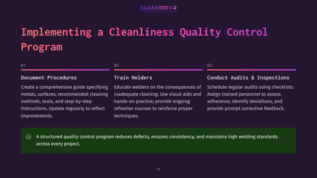 A Presentation Slide Titled &Quot;Implementing A Cleanliness Quality Control Program&Quot; Outlines Three Steps: Document Procedures, Train Welders, And Conduct Audits &Amp; Inspections. A Green Checkmark Highlights A Key Benefit.
