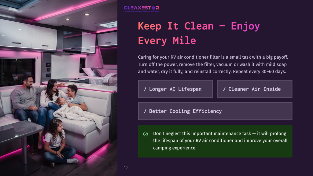 A Family Relaxes In A Modern Rv Living Area With Pink Led Lighting. Text On The Right Promotes &Quot;Cleanestor&Quot; And &Quot;Keep It Clean - Enjoy Every Mile&Quot; With Benefits Like &Quot;Longer Ac Lifespan&Quot; And &Quot;Better Cooling Efficiency.