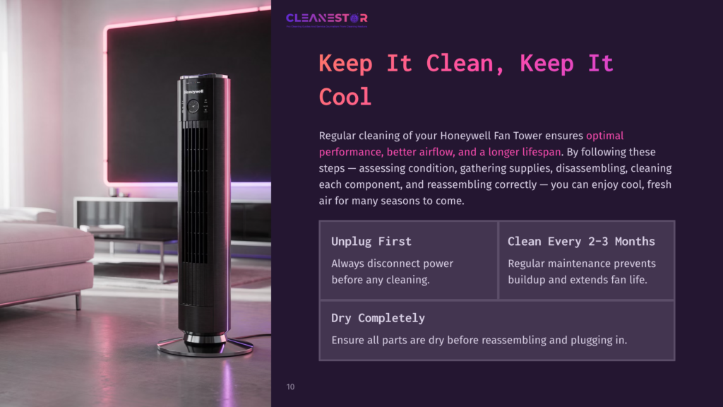 Cleanestor Logo Above A Honeywell Tower Fan, With Text Detailing Fan Cleaning Steps: &Quot;Unplug First,&Quot; &Quot;Clean Every 2-3 Months,&Quot; And &Quot;Dry Completely.