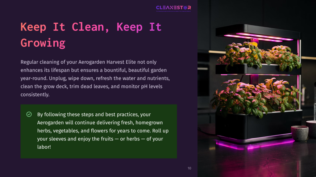 10 Keep It Clean Keep It Growing Aerogarden Harvest Elite Indoor Garden With Vibrant Purple Led Grow Lights Illuminating Lush Green Herbs And Plants. The Text &Quot;Keep It Clean, Keep It Growing&Quot; Is Prominently Displayed.