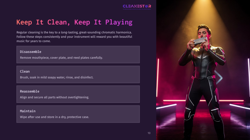 A Man In A Futuristic Black And White Outfit Plays A Harmonica On A Stage With Bright Pink And Yellow Lights.