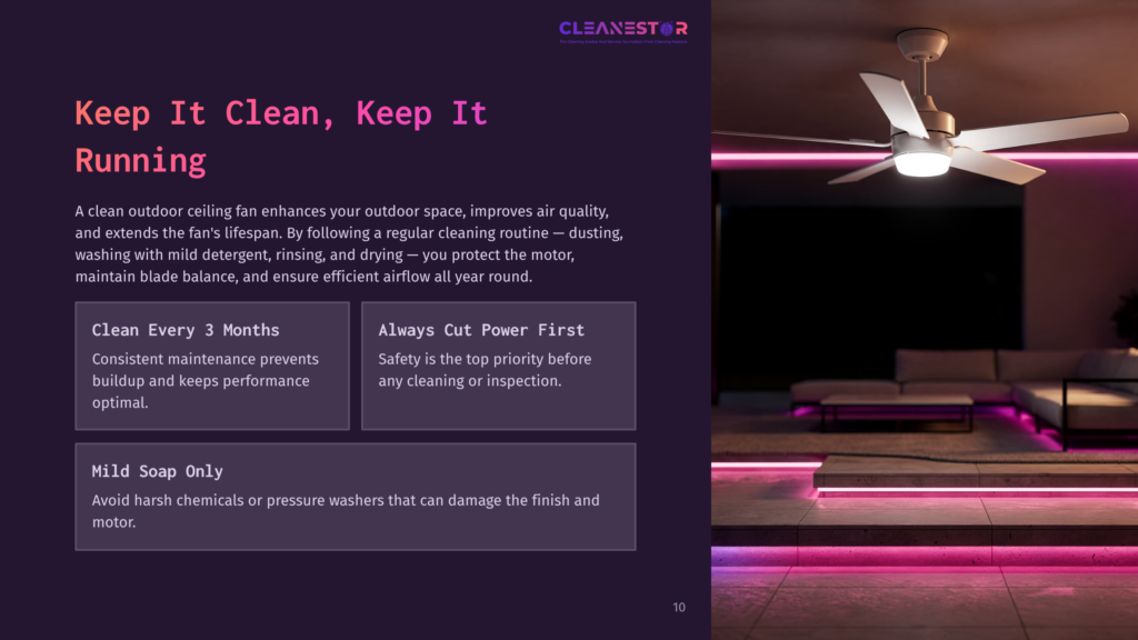 A Modern Living Room With A White Ceiling Fan And Purple Led Strip Lighting. Text Overlay Reads: &Quot;Cleanestar. Keep It Clean, Keep It Running.