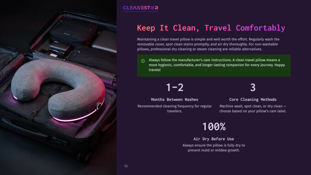 A Gray Travel Pillow With Pink Led Lights Rests Inside An Open Black Suitcase. Text Reads &Quot;Cleanestor&Quot; And &Quot;Keep It Clean, Travel Comfortably.