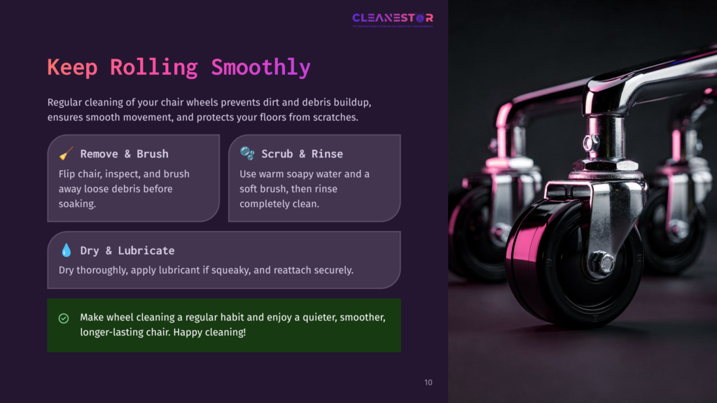 10 Keep Rolling Smoothly 1 Close-Up Of A Clean, Shiny Wheelchair Caster Wheel With A Purple And Dark Background, Featuring Text About Keeping Rolling Smoothly And Cleaning Tips.