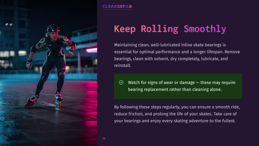10 Keep Rolling Smoothly A Woman In Inline Skates And Protective Gear Skates At Night Under Neon Lights, With The Cleanestor Logo And Text &Quot;Keep Rolling Smoothly&Quot; Visible.