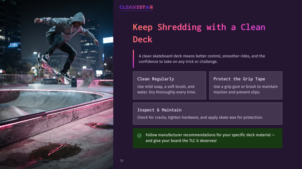 A Skateboarder In Mid-Air Performing A Trick At Night In A Clean Skatepark, With Neon Lights Illuminating The Ramp. Text On The Right Reads &Quot;Keep Shredding With A Clean Deck&Quot; And Provides Tips For Skateboard Maintenance.