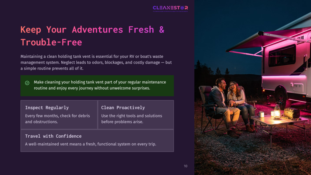 10 Keep Your Adventures Fresh And Trouble Free A Couple Sits Outside An Rv At Night, Illuminated By String Lights. The Text Overlay Reads &Quot;Cleanestor&Quot; And &Quot;Keep Your Adventures Fresh &Amp; Trouble-Free.