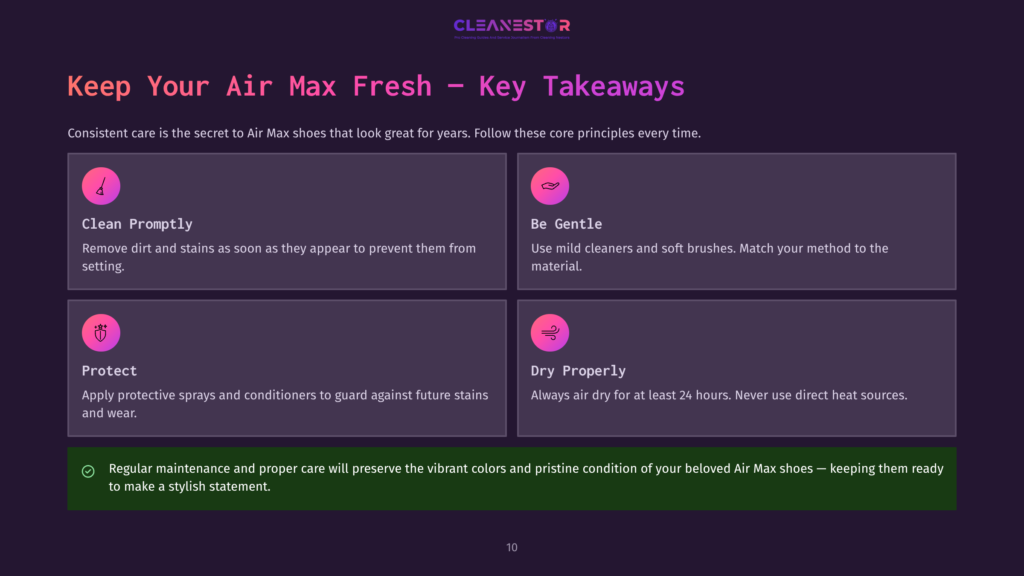 Infographic Titled &Quot;Keep Your Air Max Fresh - Key Takeaways&Quot; With Four Sections: Clean Promptly, Be Gentle, Protect, And Dry Properly, Offering Tips For Shoe Care.