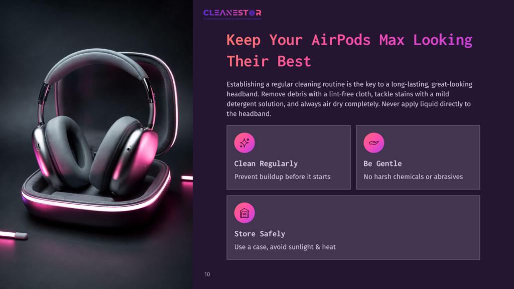 Cleanestor Logo Above A Pair Of Silver Airpods Max Headphones In A Sleek, Open Black Case With Glowing Pink Edges. The Text &Quot;Keep Your Airpods Max Looking Their Best&Quot; And Cleaning Tips Are On The Right.