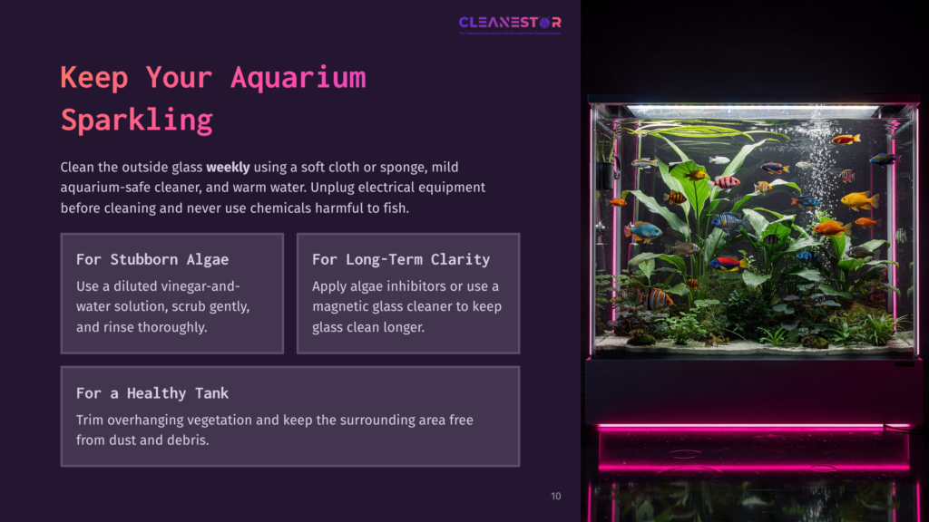 A Vibrant Aquarium Filled With Colorful Tropical Fish And Lush Green Plants, Illuminated By Pink Led Lights From Below. The Text &Quot;Cleanestar&Quot; Appears At The Top.
