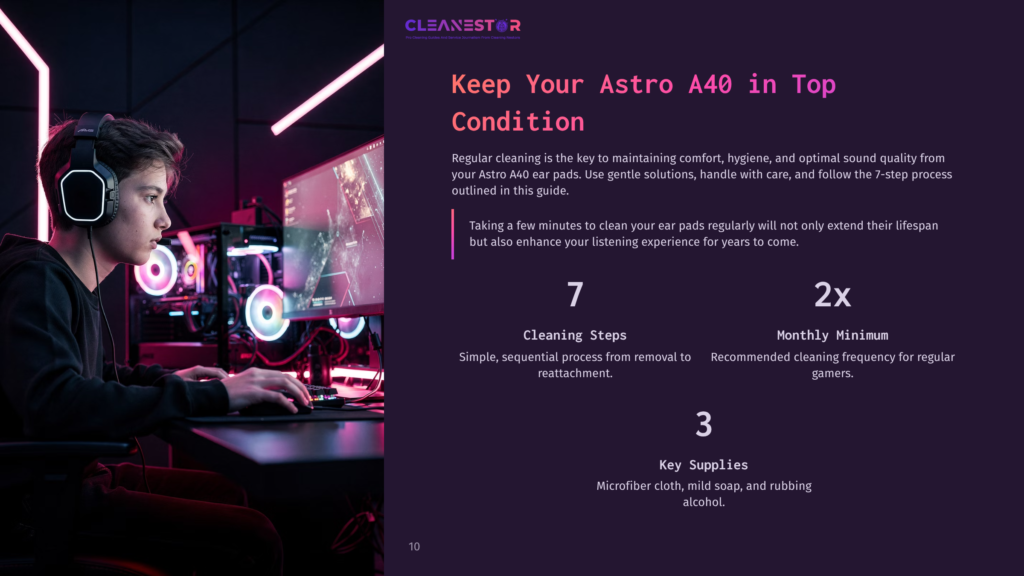 A Young Gamer With Headphones On Plays On A Computer, With A Cleanestor Logo And Text About Keeping Astro A40 Ear Pads Clean Visible.